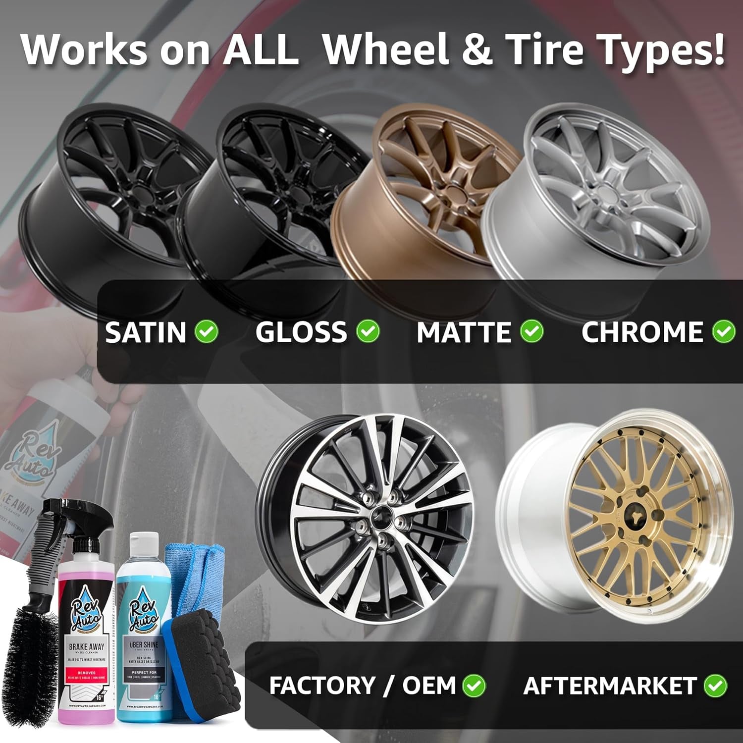 Complete Wheel and Tire Cleaner Kit - Removes Brake Dust & Adds Shine to Tires | Safe for OEM & Aftermarket | Includes Rim Cleaner, Detail Brush, Tire Shine, Applicator Pad, Towel (5-Piece)