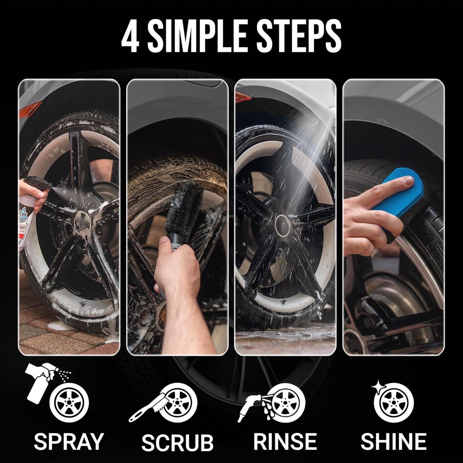 Complete Wheel and Tire Cleaner Kit - Removes Brake Dust & Adds Shine to Tires | Safe for OEM & Aftermarket | Includes Rim Cleaner, Detail Brush, Tire Shine, Applicator Pad, Towel (5-Piece)