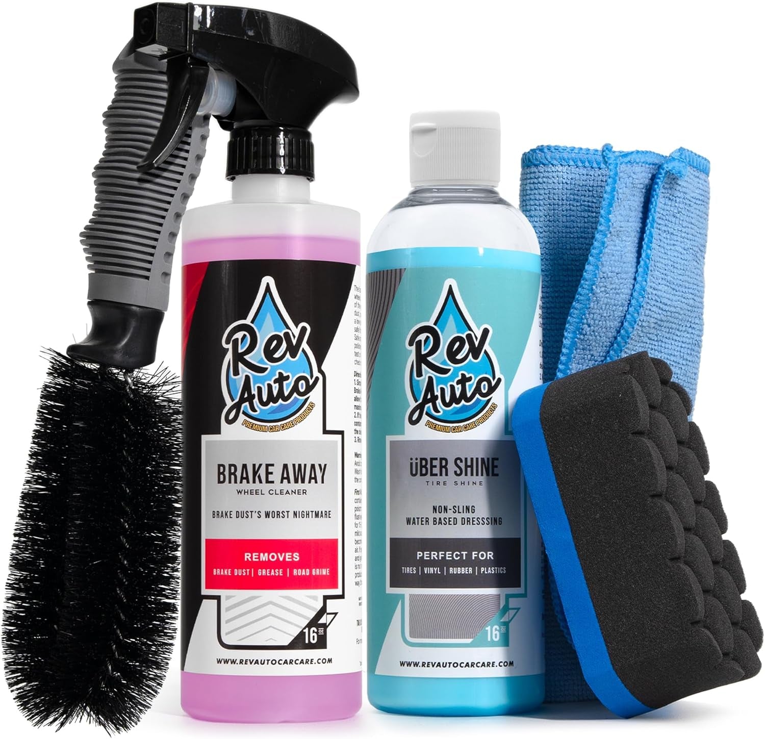 Complete Wheel and Tire Cleaner Kit - Removes Brake Dust & Adds Shine to Tires | Safe for OEM & Aftermarket | Includes Rim Cleaner, Detail Brush, Tire Shine, Applicator Pad, Towel (5-Piece)