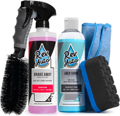 Complete Wheel and Tire Cleaner Kit - Removes Brake Dust & Adds Shine to Tires | Safe for OEM & Aftermarket | Includes Rim Cleaner, Detail Brush, Tire Shine, Applicator Pad, Towel (5-Piece)