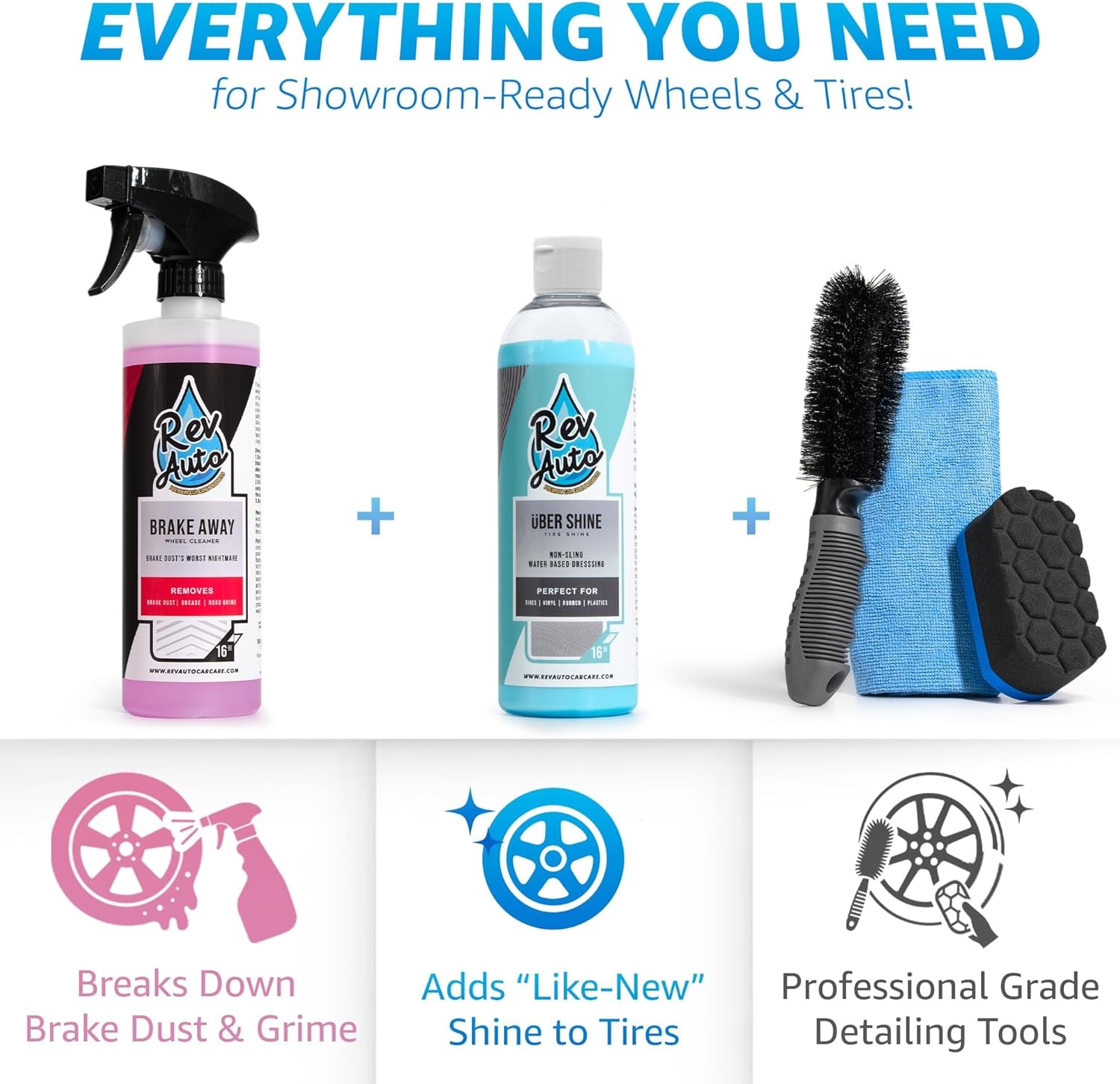 Complete Wheel and Tire Cleaner Kit - Removes Brake Dust & Adds Shine to Tires | Safe for OEM & Aftermarket | Includes Rim Cleaner, Detail Brush, Tire Shine, Applicator Pad, Towel (5-Piece)
